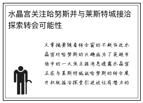 水晶宫关注哈努斯并与莱斯特城接洽探索转会可能性