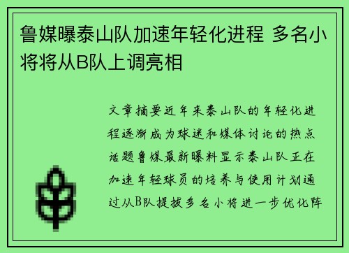 鲁媒曝泰山队加速年轻化进程 多名小将将从B队上调亮相