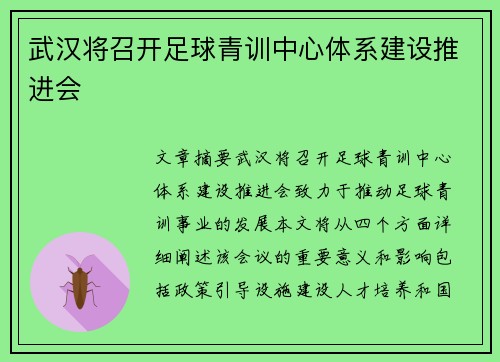武汉将召开足球青训中心体系建设推进会