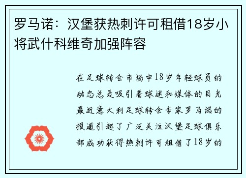 罗马诺：汉堡获热刺许可租借18岁小将武什科维奇加强阵容