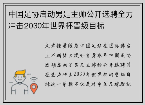 中国足协启动男足主帅公开选聘全力冲击2030年世界杯晋级目标